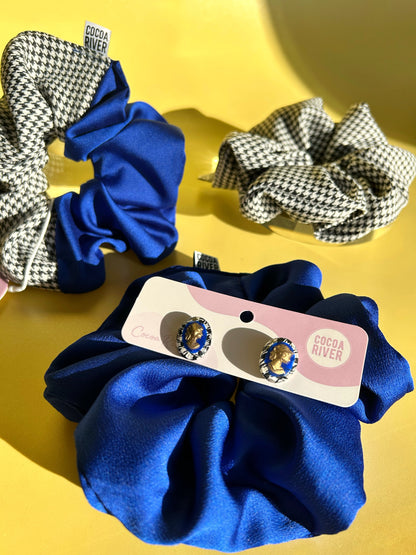 Dual Toned Cobalt & Houndstooth Jumbo Scrunchie